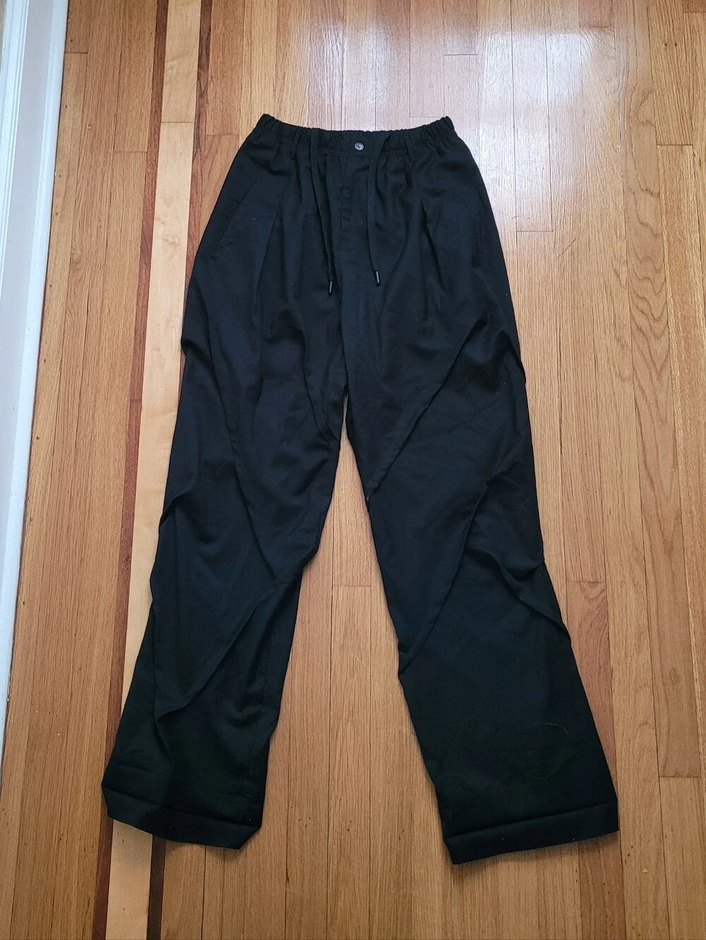 YOHJI YAMAMOTO POUR HOMME BLACK DRAPED LAYERED WIDE LEG PANTS MADE IN JAPAN